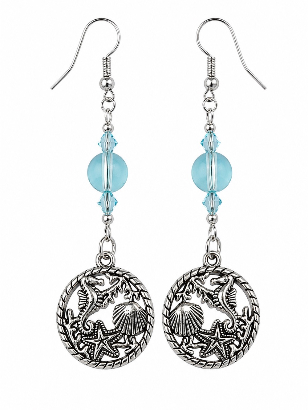 Ocean Life Antique Silver Earrings with Aqua Glass and Crystal Beads